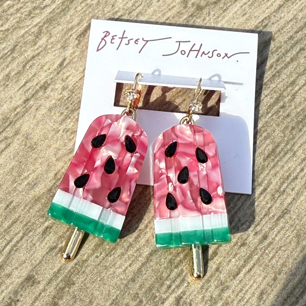 NWT! Betsy Johnson Watermelon Stick Gold Heart Earrings - Picture 3 of 6
